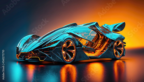 Front angle view of futuristic neon orange illuminated car. Postproducted generative AI digital illustration.