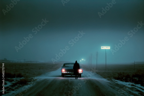 A mysterious car waits on a snowy lonely road. 