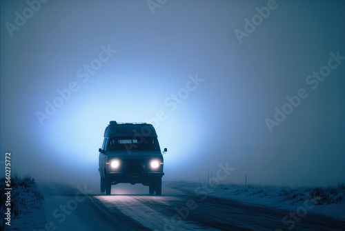 A mysterious car waits on a snowy lonely road. 