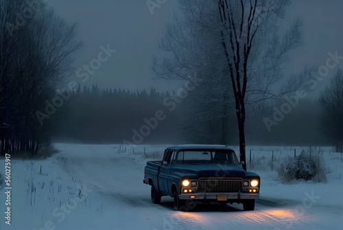 A mysterious car waits on a snowy lonely road. 