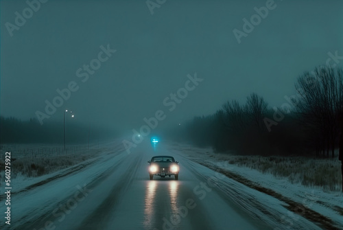 A mysterious car waits on a snowy lonely road. 