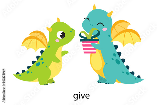 Funny Dragon Character Giving Gift Box Demonstrating English Verb Vector Illustration