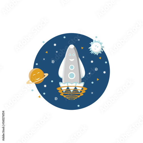 Rocket in space. Space adventures. Rocket and planets with stars. For prints on children's clothes and accessories. Modern style and colors are blue, orange and gray.