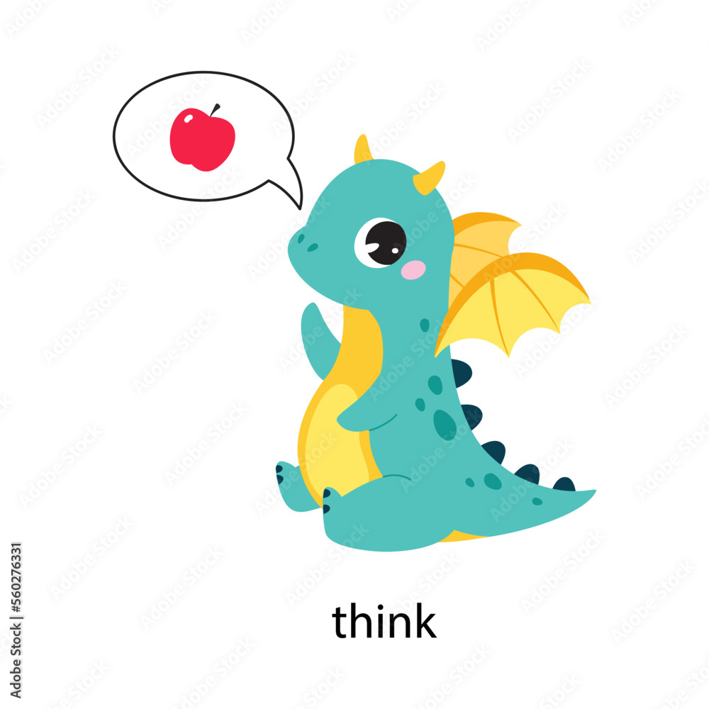 Obraz premium Funny Dragon Character Thinking of Apple Demonstrating English Verb Vector Illustration