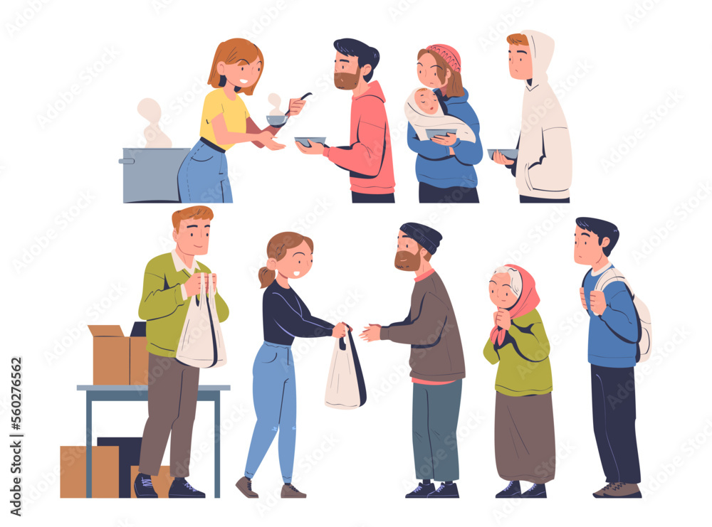 Volunteering with Volunteer Giving Homeless People Food Vector Set Volunteering with Volunteer Giving Homeless People Food Vector Set