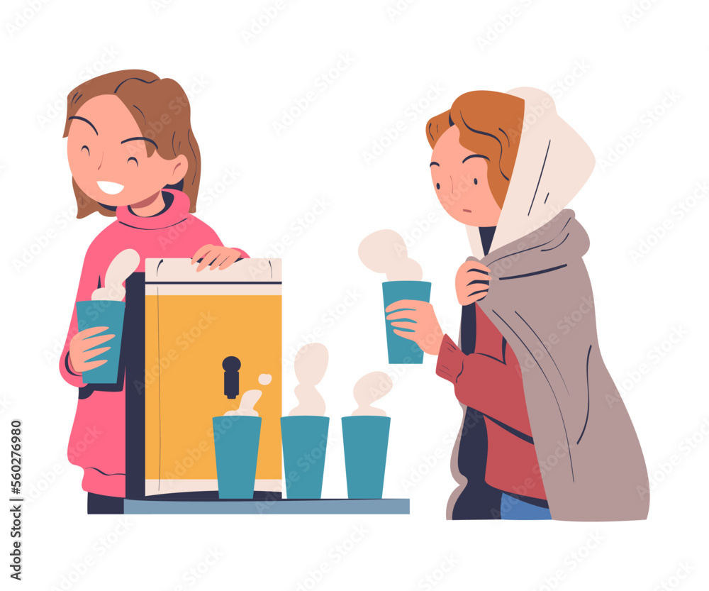 Volunteering with Woman Volunteer Giving Homeless People Warm Drink Vector Illustration