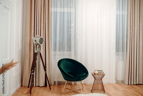 Stylish and modern loft design with modern furniture,, wooden coffee tables, plaid,, tropical plants and elegant personal accessories in stylish home decor. Neutral living room design