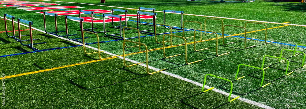 Hurdlew on a turf field for stength and agility practice Hurdlew on a turf field for stength and agility practice