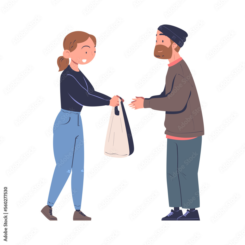 Volunteering with Woman Volunteer Giving Homeless Man Bag with Products Vector Illustration