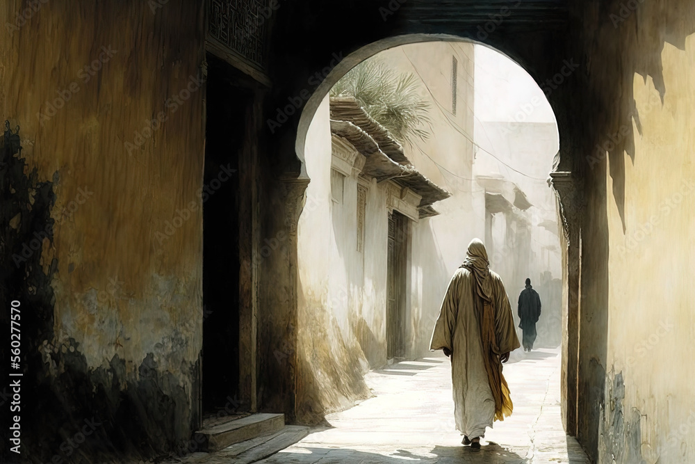 Walking the alleyways of Marrakech. Painting. Generative AI.