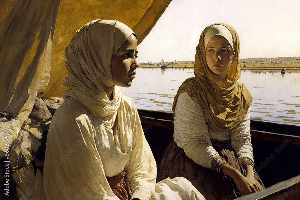 Painting of two girls on a felucca on the Nile. Generative AI.