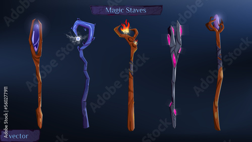 A set of magical staves. Equipment, magic staff with charms and spells. Light effects, lightning energy, flame, gem, crystal. Game inventory type, 2D, visual effects, VFX, vector illustration.