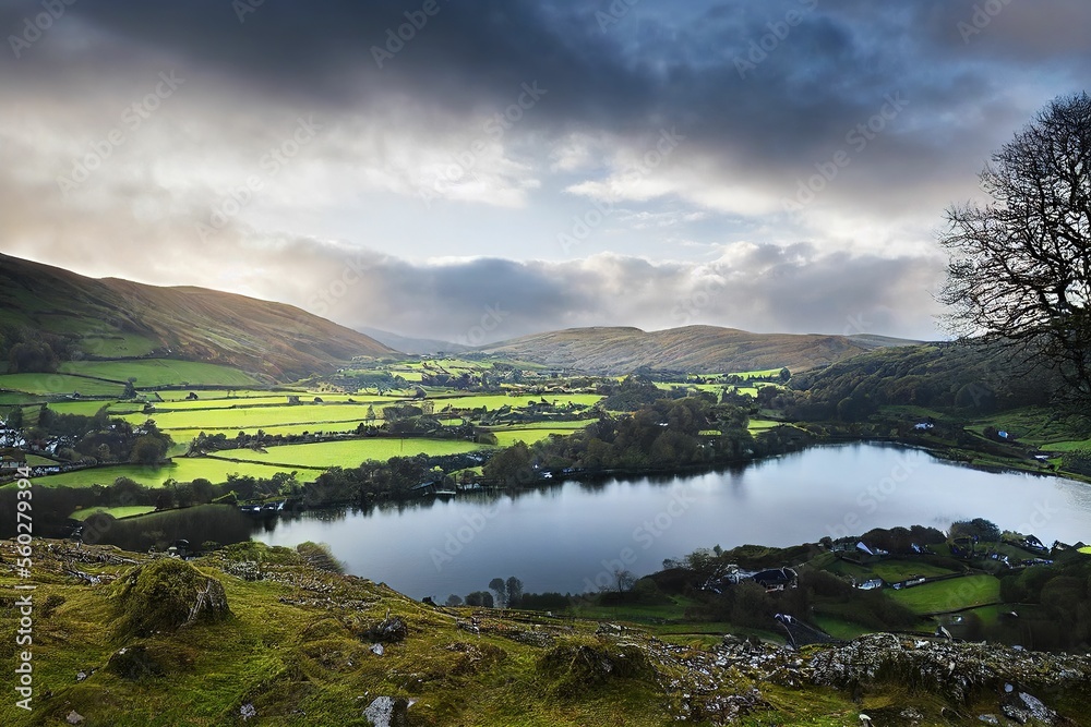 Panoramic landscape, Village in the lake district, tolling hills, countryside coastal town ,made with Generative AI