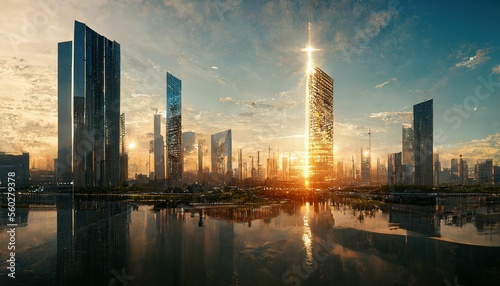Futuristic fantasy city. Big  tall buildings  urban town architecture  made with Generative AI