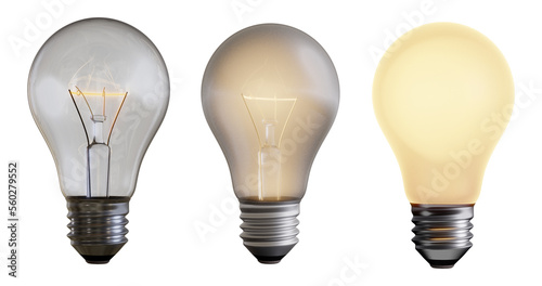 three different light bulbs isolated on transparent background