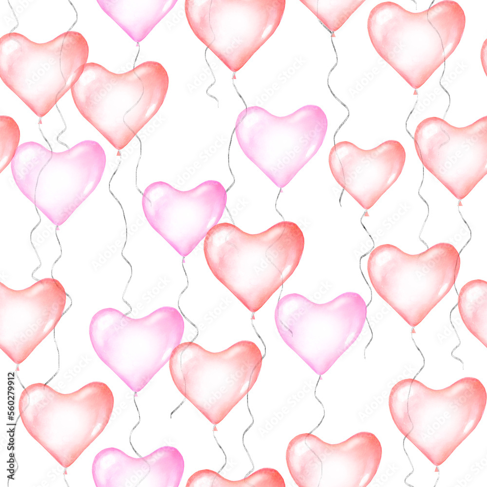 Valentine's Day watercolor flying heart shape balloons pattern