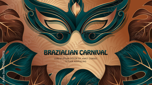 Luxury brazilian carnival or mardi gras flyer template with golden, green and dark brown design