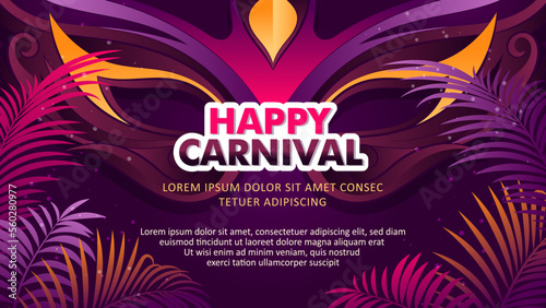 Fotografia Elegant brazilian carnival flyer template with golden, dark purple mask and palm
