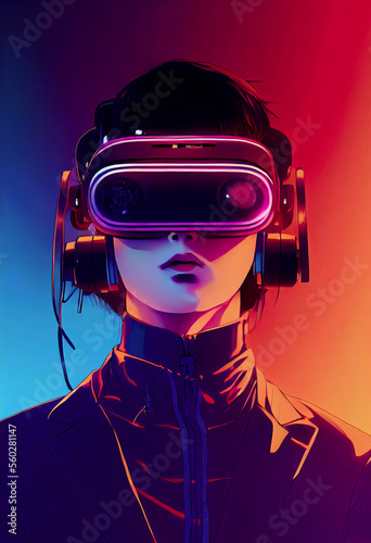 Citizen from the future wearing virtual reality headset. Virtual reality, Augmented reality world simulation ,made with Generative AI © DNY3D