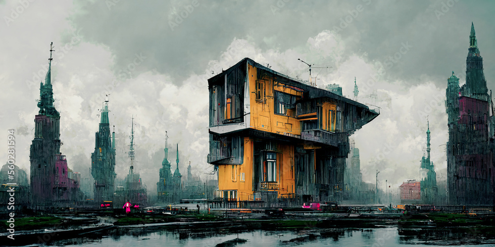 Futuristic fantasy city. Big, tall buildings, urban town architecture ,made with Generative AI