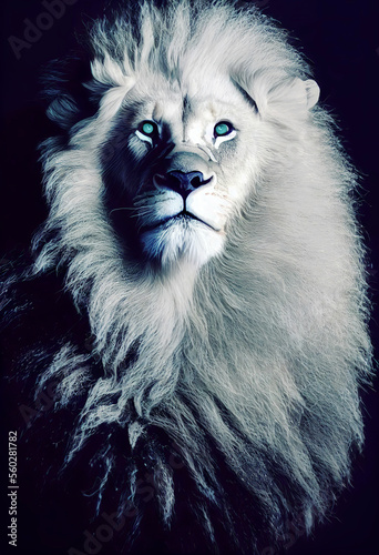 White lion with blue eyes portrait, looking straight at the camera ,made with Generative AI © DNY3D