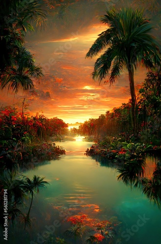 Beautiful jungle lagoon view with a river  palm trees and tropical vegetation at sunset  made with Generative AI