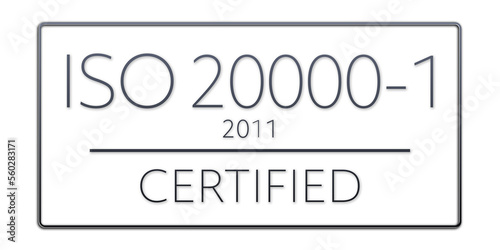 Iso 20000-1:2011 - standard certificate badge for quality management system. Button isolated on white background