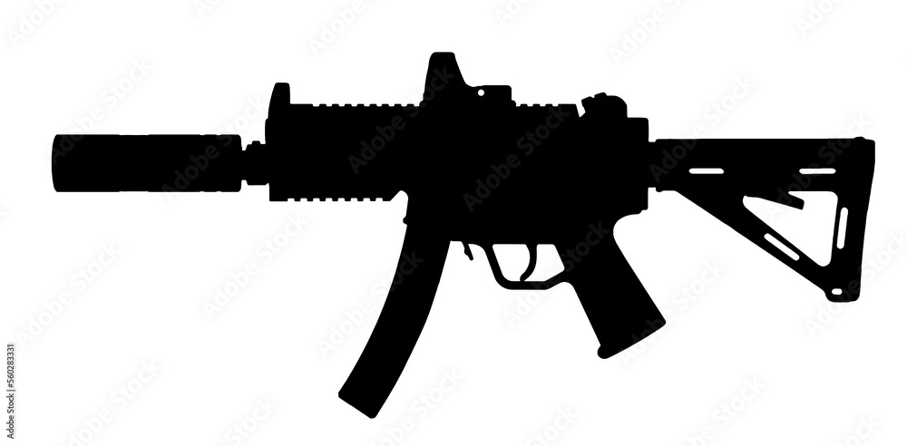 Silhouette of rail mp5k with attachment red dot, stock, and suppressor isolated on white background