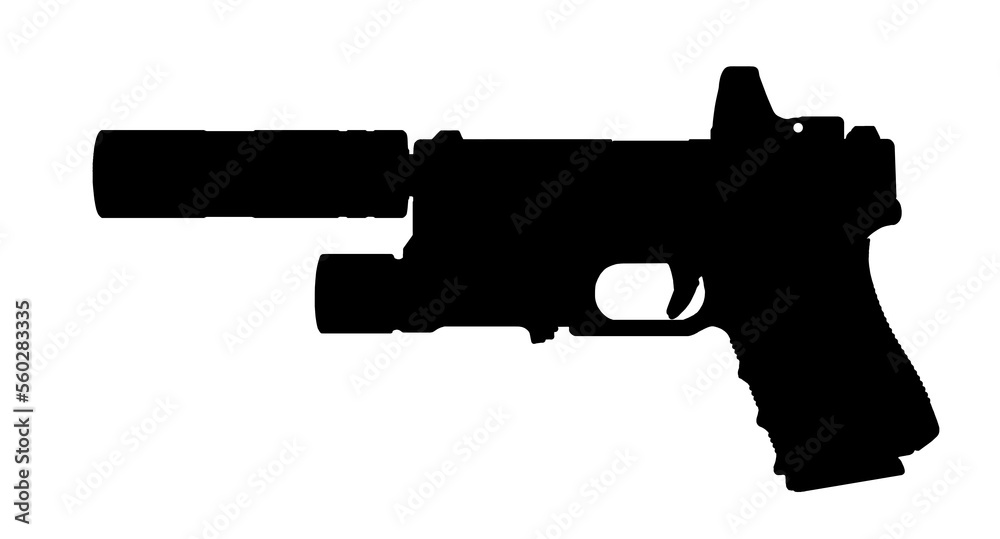 Silhouette image of  pistol handgun with flashlight, suppressor and red dot attachment isolated on white background