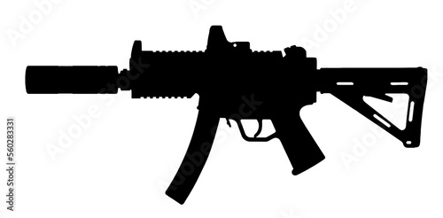 Silhouette of rail mp5k with attachment red dot, stock, and suppressor isolated on white background photo