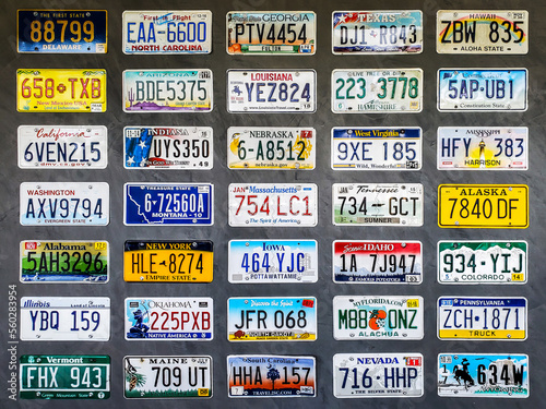 Collection of old license plates displayed on a wooden wall.