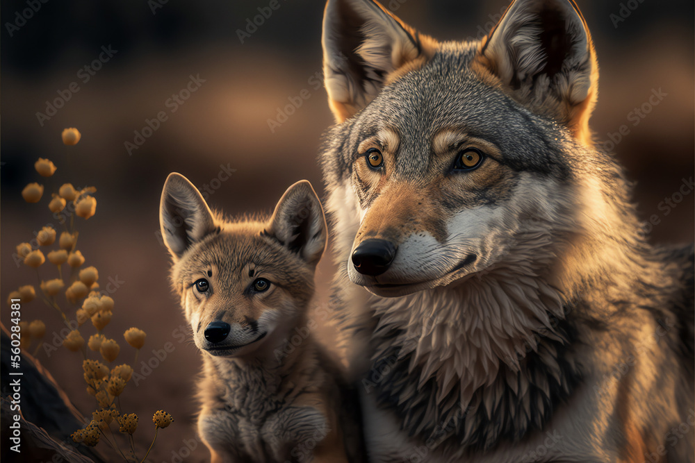 Fototapeta premium Gray Wolf Mother and Baby Pup, Cute Wolves, Generative AI