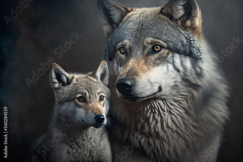 Gray Wolf Mother and Baby Pup, Cute Wolves, Generative AI © Nicole