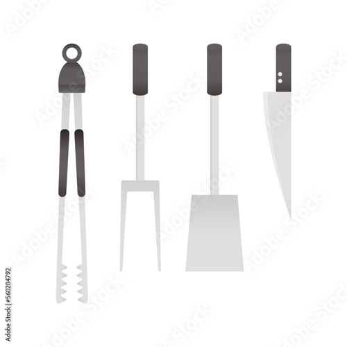 BBQ tools or accessories vector illustration on white background. BBQ tools with bbq spatula, tongs, carving fork, butcher knife for bbq party or cooking.