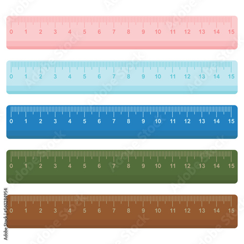 Ruler is a measuring or painting tool. Colorful rulers with pink, blue, navy, brown and green. School or office supplies and stationery. Vector illustration on white background.