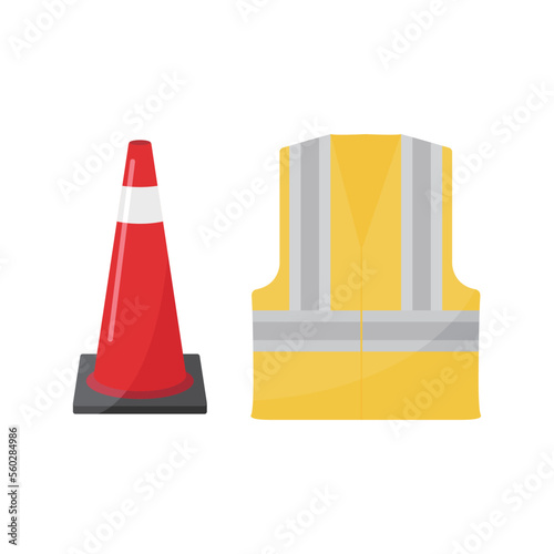Fluorescent safety vest and traffic cone vector illustration on white background. Neon yellow safety vest working in traffic traveling, road construction... Traffic cone is easy to draw attention.