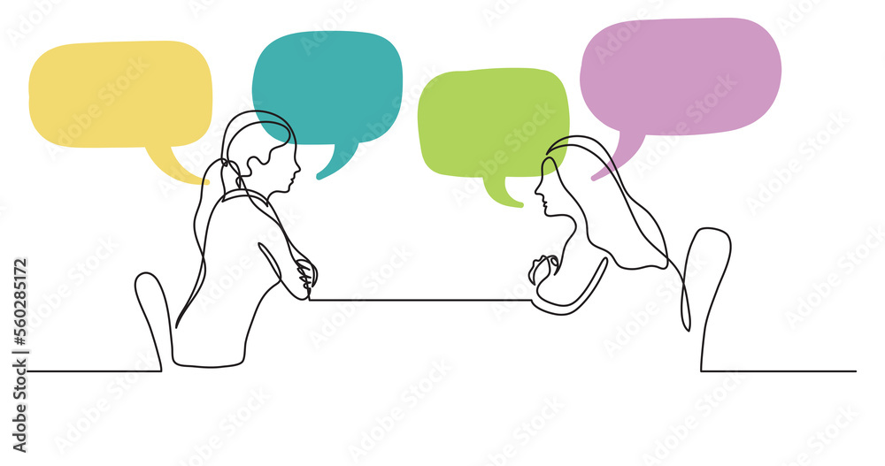 two young women sitting behind table talking with speech bubbles - PNG image with transparent background - obrazy, fototapety, plakaty 