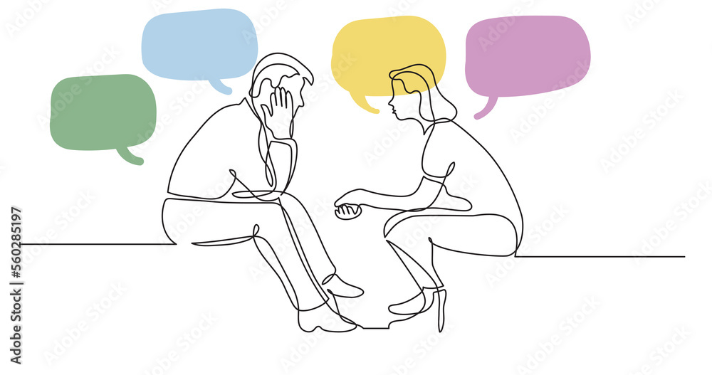 young man and woman talking having conversation with speech bubbles - PNG image with transparent background