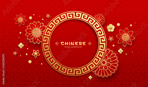 Chinese frame circle style decorative round border, flower greeting card design on red background, Eps 10 vector illustration
