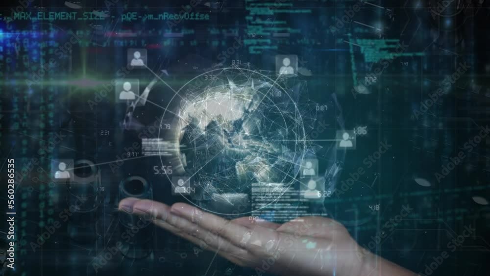 Animation of hand holding globe with network of connections and data processing on black background Animation of hand holding globe with network of connections and data processing on black background