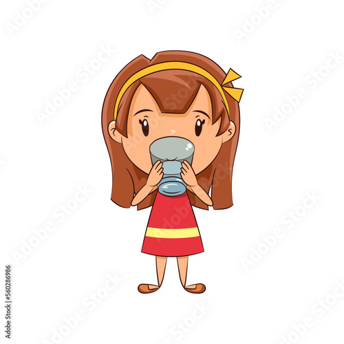 Girl drinking water thirsty cute kid vector illustration