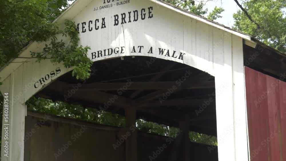 Mecca Covered Bridge near Mecca IN. Shot starts as a closeup of arch at