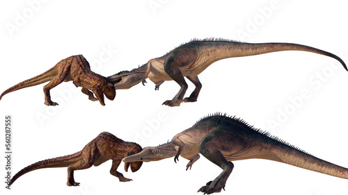 Carcharodontosaurus vs Carnotaurus dinosaur roaring on a blank background PNG ultra high resolution