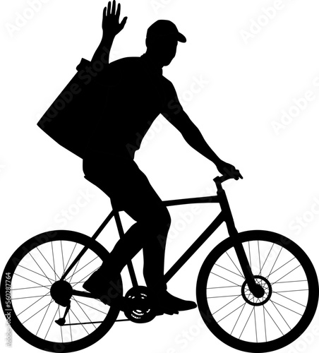 Silhouette of delivery guy riding a bicycle. Delivery man with a package on the bike waves his hand. Vector flat style illustration isolated on white. Full-length view