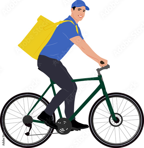 Hand-drawn delivery guy riding a bicycle. Delivery man on the bike with a package. Vector flat style illustration isolated on white. Full-length view