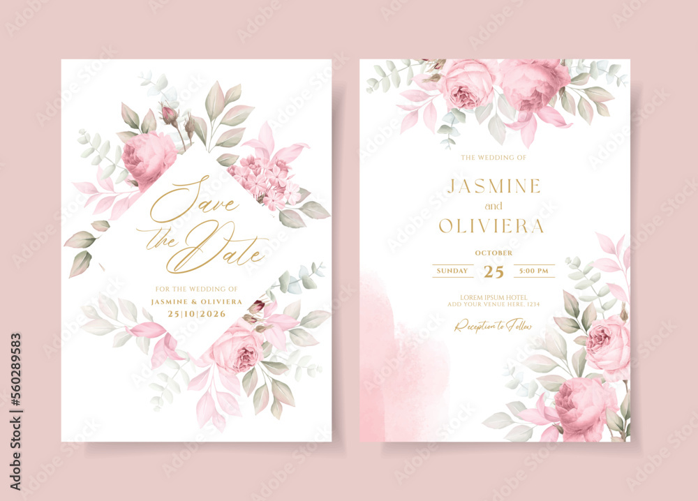 Watercolor wedding invitation template set with soft pink floral and leaves decoration