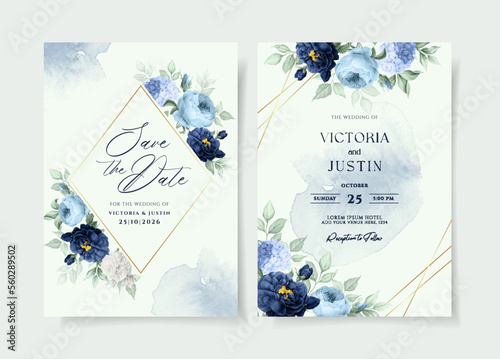 Watercolor wedding invitation template set with navy blue floral and leaves decoration