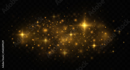 Golden shiny light effect. Sparkling magical dust particles. 