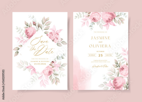 Watercolor wedding invitation template set with soft pink floral and leaves decoration