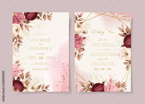 Watercolor wedding invitation template set with burgundy pink floral and leaves decoration